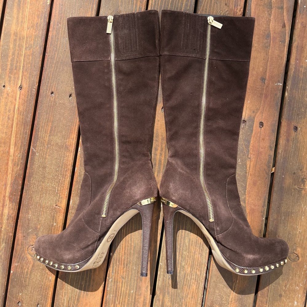 Micheal Kors Brown Suede Gold Studded Boots - Picture 5 of 15